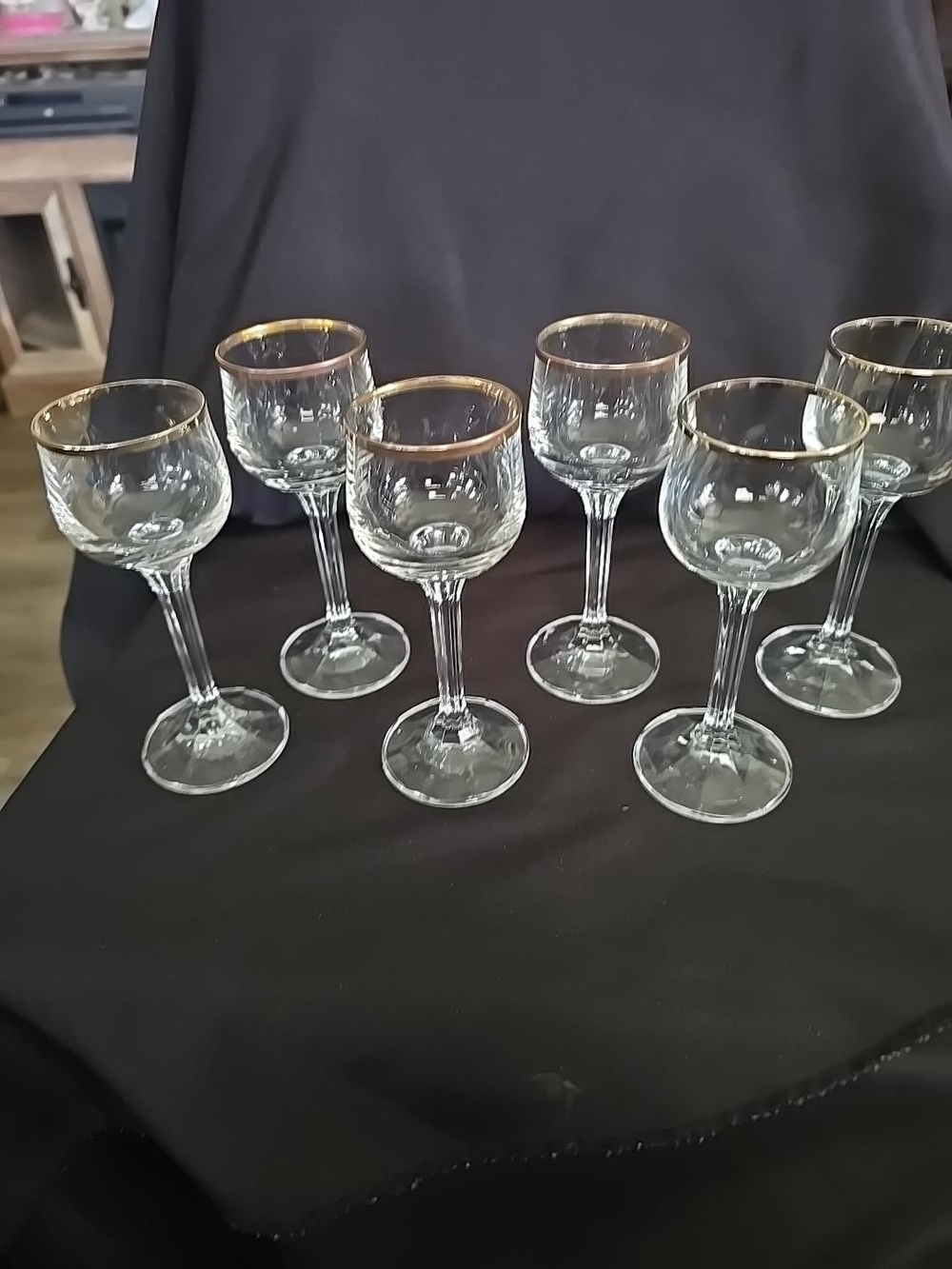vintage clear crystal cordial or liqueur glasses, elegantly accented